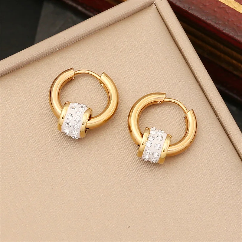 

China Wholesale Elegant Full Diamond Heart Star Moon Pendant Stainless Steel Hoop Earrings Jewelry