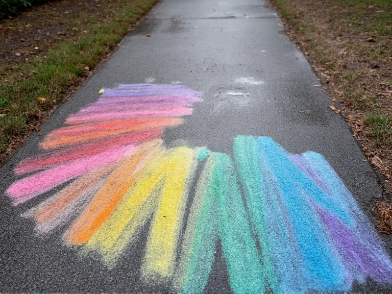 Colorful chalk art on wet pavement