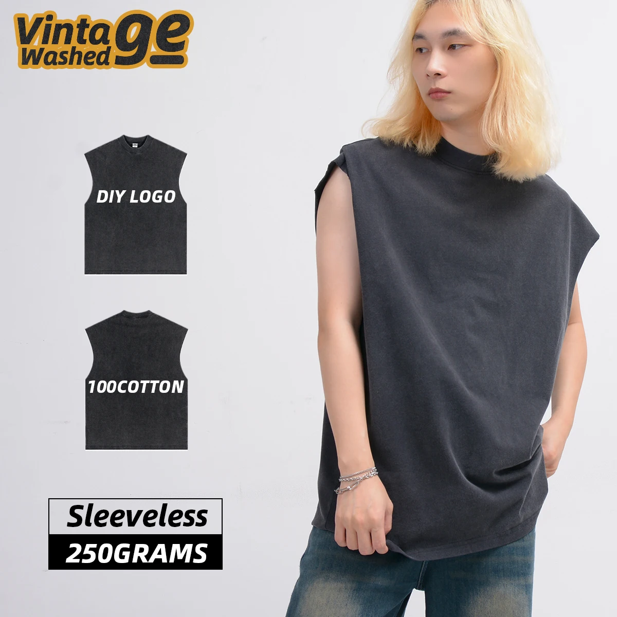 Men Acid Wash Tshirt Distressed Plain Vintage Custom Sleeveless t Shirt Camiseta Sin Mangas Para Hombre Sleeveless T-shirt