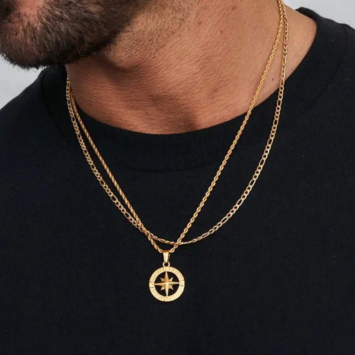 

Custom Jewelry Set Compass Pendant Layered Necklace For Men PVD Gold Stainless Steel Cuban Chain Compass Necklace Choker