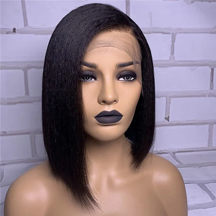 

Light Yaki Short Bob Human Hair Wigs Brazilian Hair Natural Color Pre Plucked with Baby Hair Lace Front Wigs