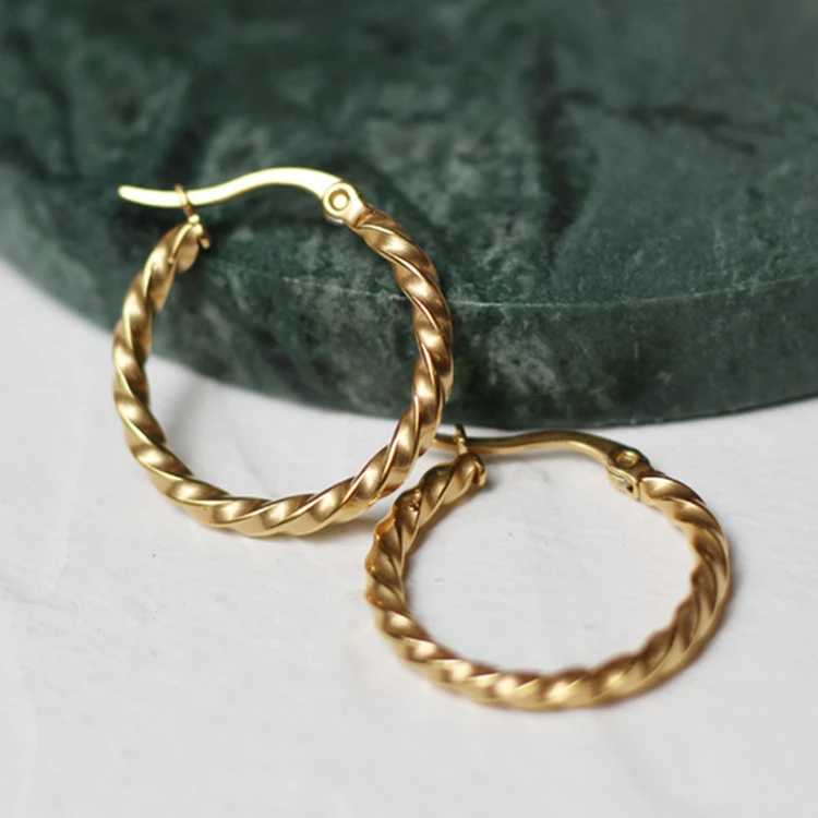 

Hot Selling 18K Gold Plated Stainless Steel Women Earrings French Style Gold Spiral Twist Hoop Earrings, Silver, gold, rose gold color