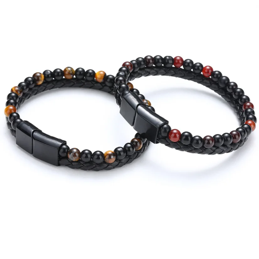 

Fashion Men Jewelry Natural Stone Genuine Leather Bracelet Black Alloy Magnetic Clasp Tiger eye Lava Bead Bracelet Women Gift, Picture