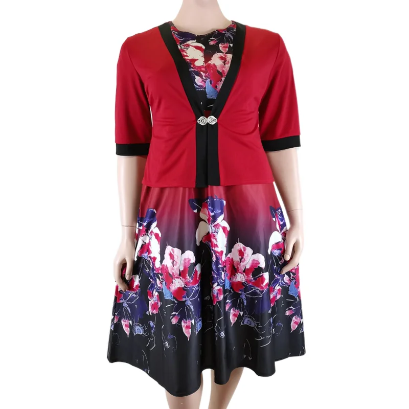 

In stock Size chest inch 42 44 46 48 50 African women flower printing casual party A line two pieces coat dress sets, Customized color