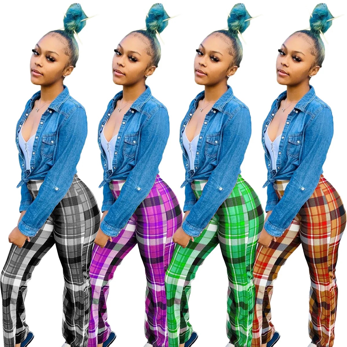 

Wholesale Girls' Plaid Pants Casual Sweatpants Ladies High Waist Workout Bell Flare Trousers Leggings For Women