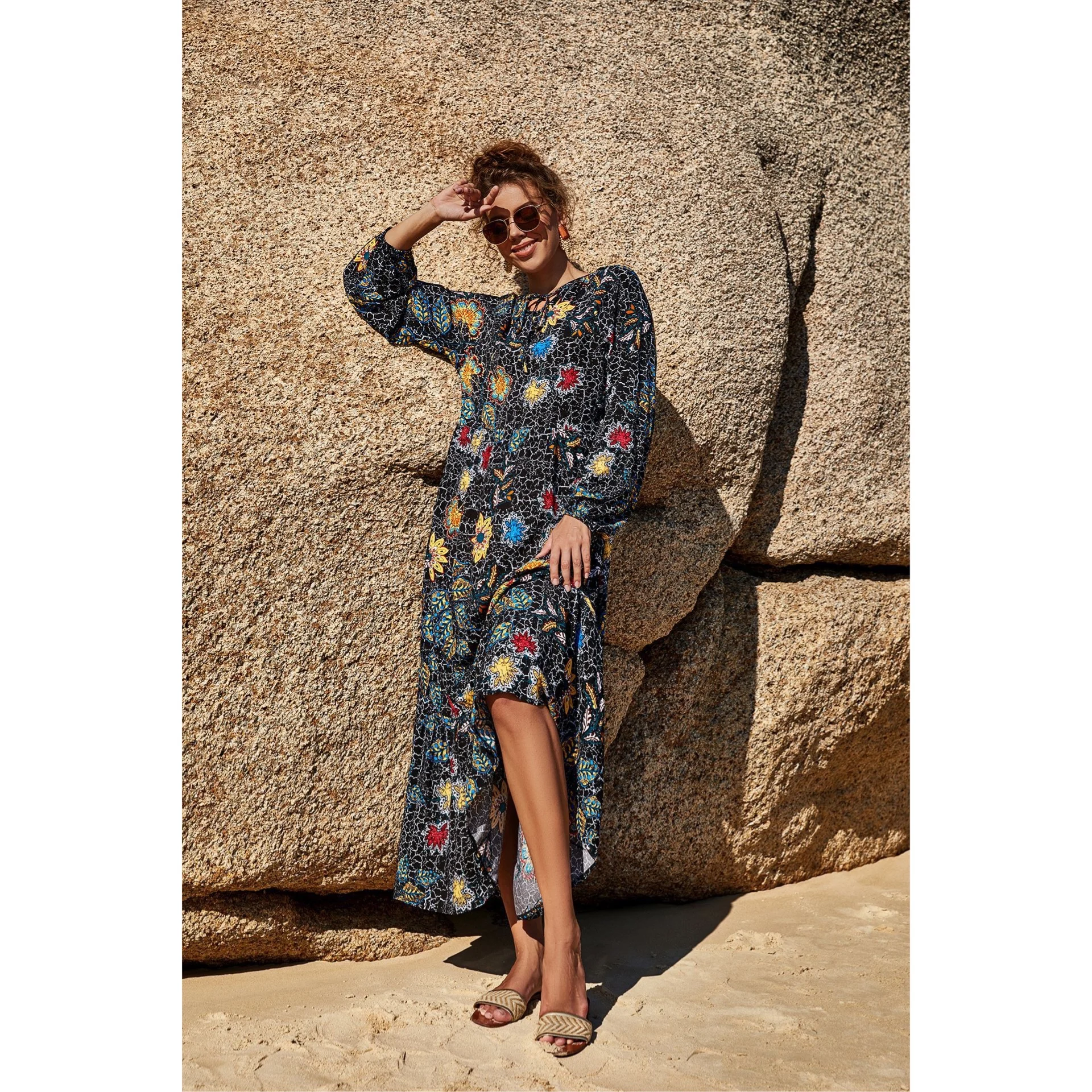 

rLM9177 New 2021spring summer floral printed long sleeves high slit maxi dress woman casual vestidos sundress