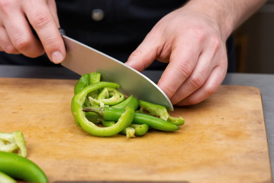 Chef's hands preparing fresh green chilies on cutting board with knife, showing proper technique for removing seeds