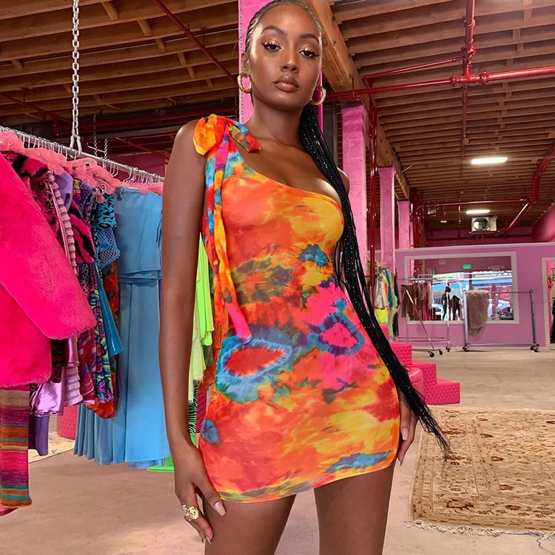 

Wholesale Colorful Tie Dye Bandage One-shoulder sleeveless Female Outfit Slim womens bodycon dress, As picture
