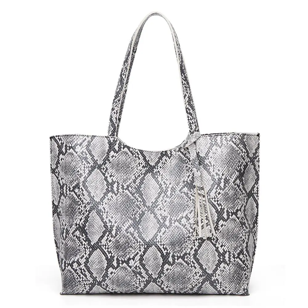 

2022 Fashion Luxury Designed Zipper Pocket Bag Customized Waterproof Ladies Snakeskin Structured Grey PU Woman Handbag Tote Bag