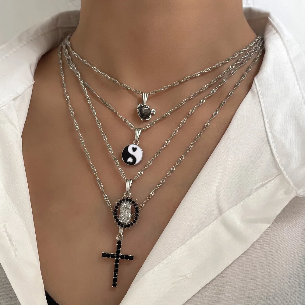 

2021 Punk Hip Hop Party Jewelry Trendy Silver Plated Multilayer Necklaces With Crystal Enamel Pendants Clavicle Chain, Red color