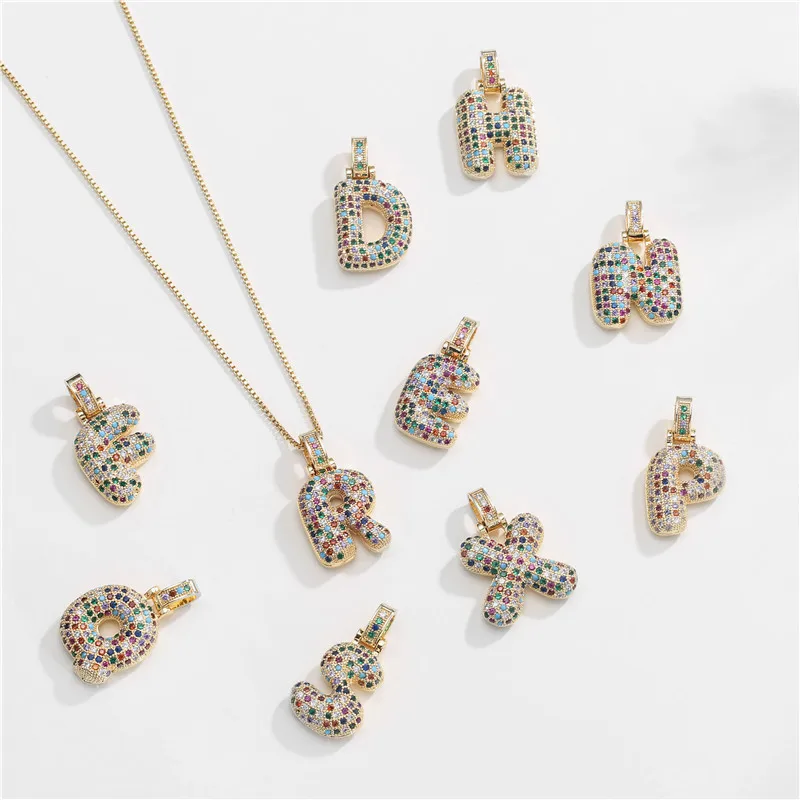 

Hips Hops Inlaid Colorful CZ Zirconia Alphabet Pendant Necklace Real Gold Plated Colored Zircon English Letter Necklace