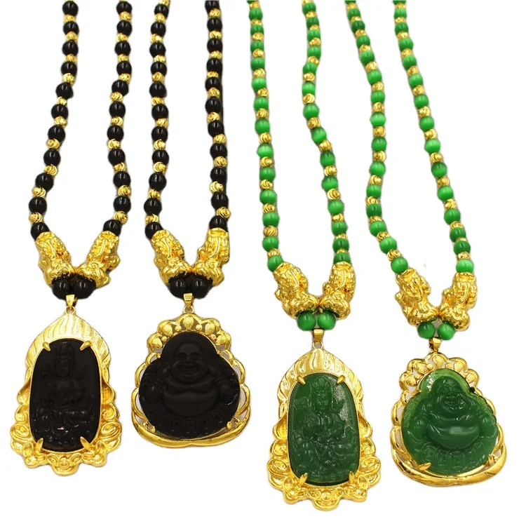 

Wholesale Copper Inlaid Vietnamese Sand Gold Buddha Beads Obsidian Women's Necklace Guanyin Style Thick Gold Fashion Jewelry