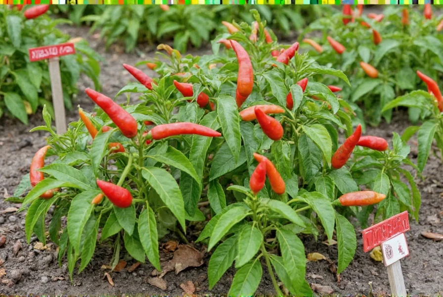 Various chili pepper varieties growing in garden beds with labels showing different heat levels and colors