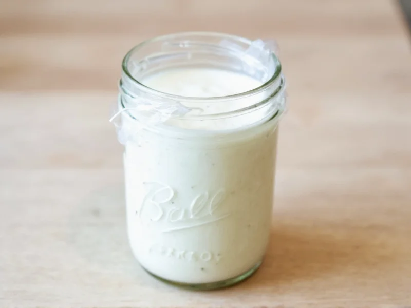 White sauce stored in mason jar with plastic wrap