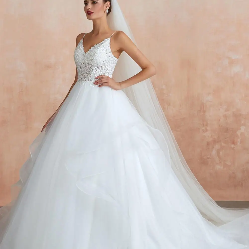 

ELWD0000055 2020 Custom Ball Gown spaghetti straps lace up ruffle Bridal Wedding Dress for Women