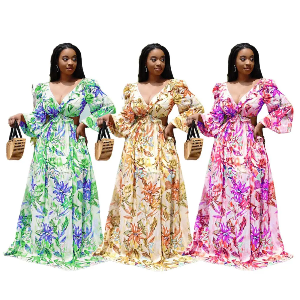 

10707-SW80 African printed sexy deep v hollow out backless bow casual loose dresses long women sehe fashion, 3 colors