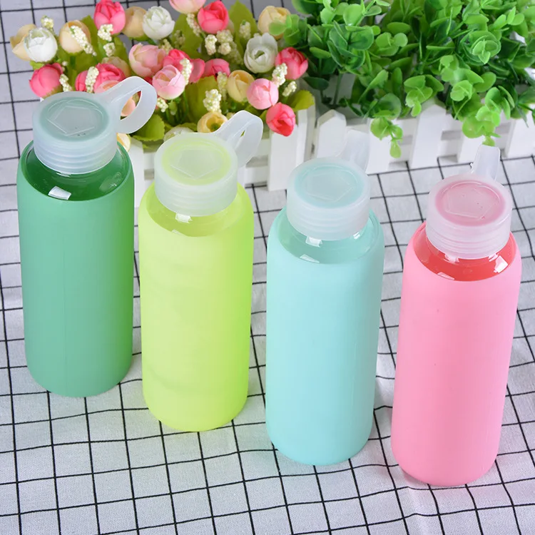 

2020 Promotional Portable Leakproof Customized Borosilicate Glass Water Bottle With Silicone Sleeve 500ml, As picture