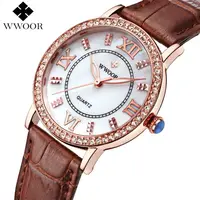 

WWOOR 8807 beautiful rose gold girls quartz watch new design Genuine Leather Strap Waterproof Diamond bling business wristwatch