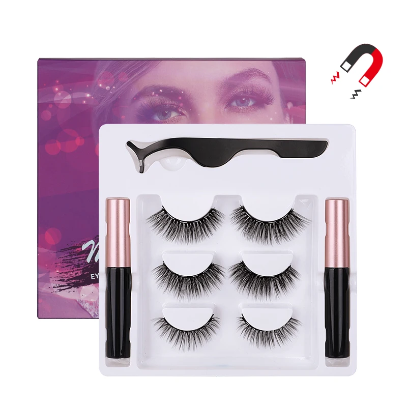 

Accept your own brand private lable magnet mink eyelash 3 pairs magnetic eyelashes with eyeliner glue