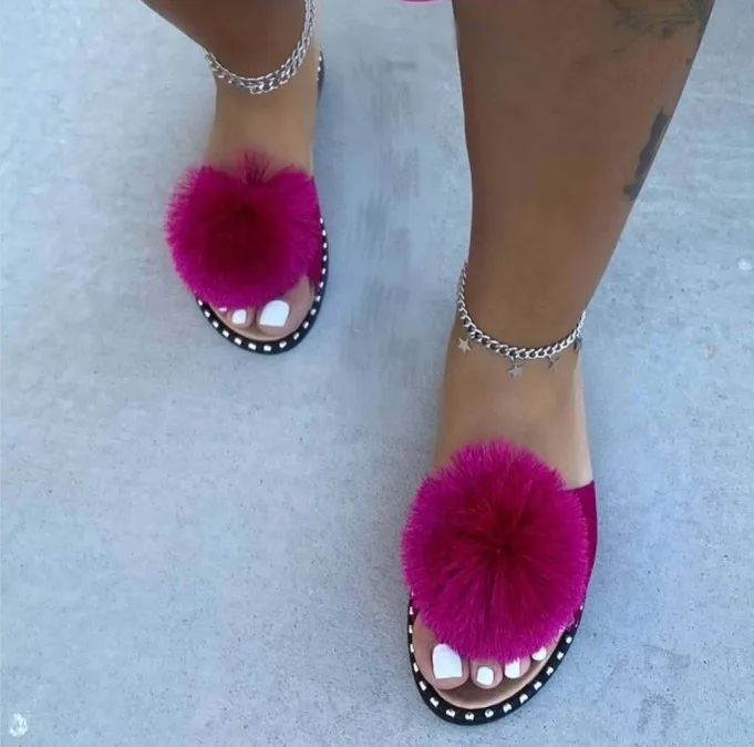 

2021 summer and autumn new rhinestone flat-bottomed oversized plush sandals and slippers, Picture