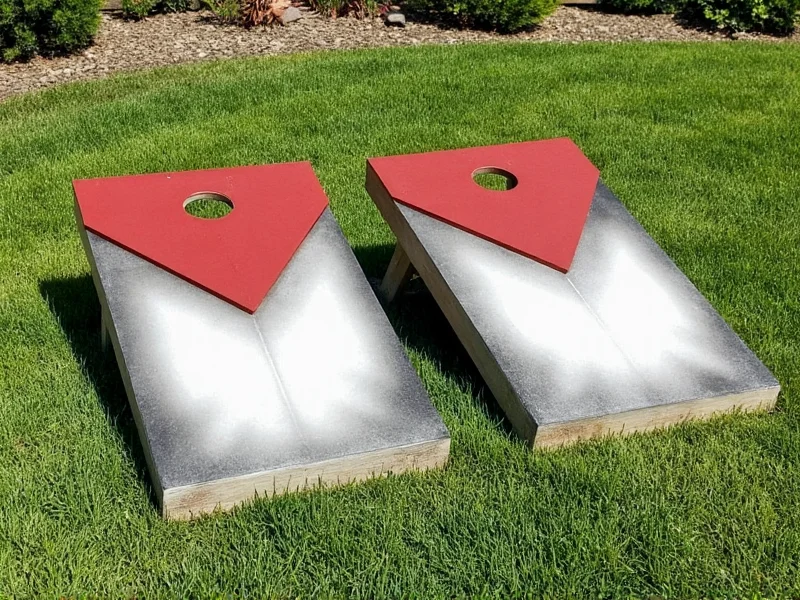 Handcrafted DIY cornhole boards with custom paint design in backyard