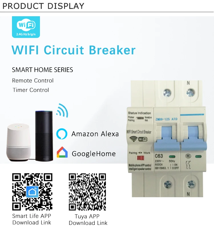 Tuya App Smart Wifi Controlled 63a 2p Circuit Breaker For Alexa And