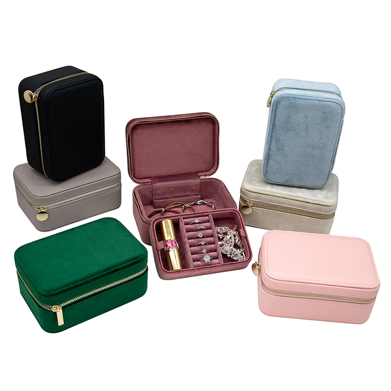 

Low Moq Luxury Jewelry Travel Box Zipper Velvet Box Leather Jewellery Case For Girls Women, Black/pink/gray/beige/green/sky blue