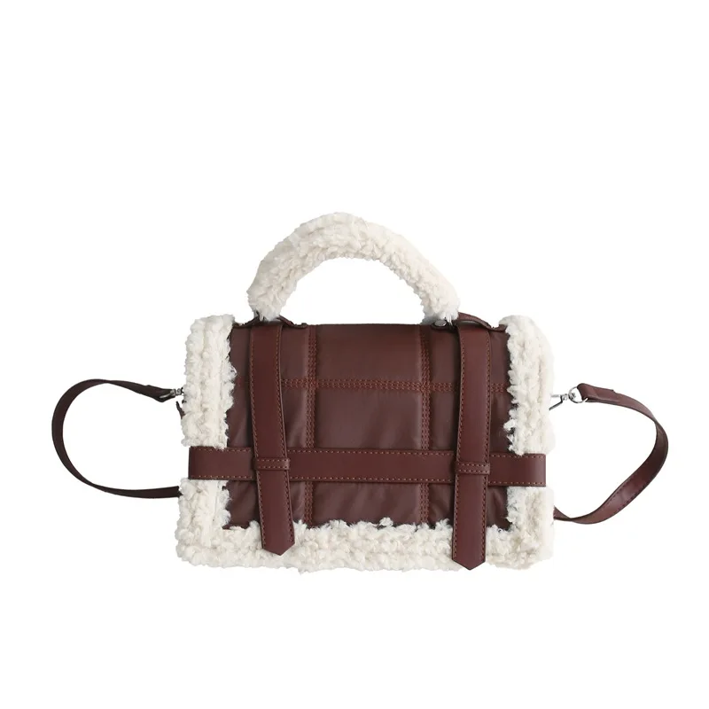 

Winter handbag soft noodle pu lamb hair handbag belt decoration large capacity bag