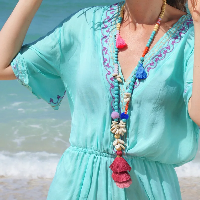 

CLARMER European Colorful Tassels Multi-element Handmade Beaded Necklace Female Beach Wind Shell Turquoise White Necklace, As show