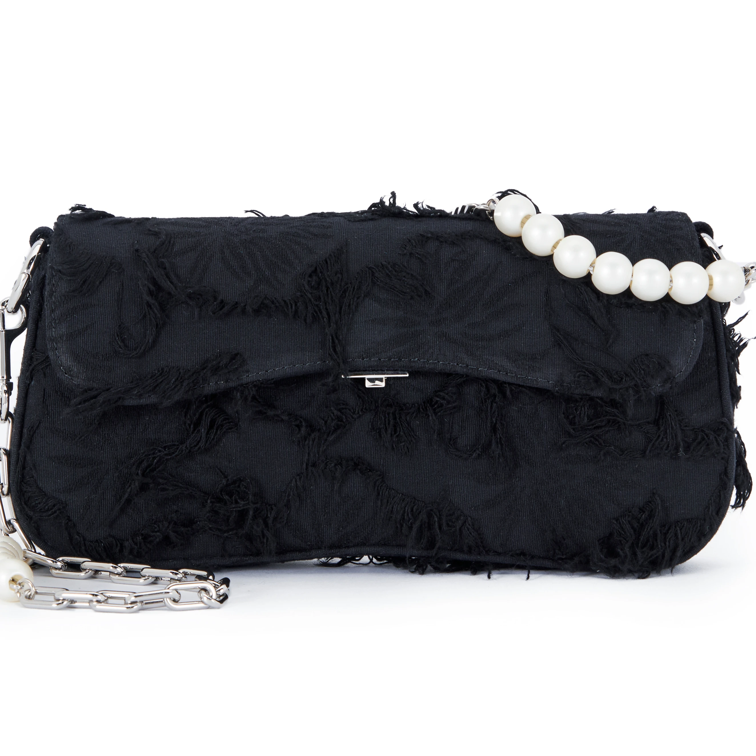 

adjustable pearl shoulder strap small square women bag fashion chain high end sense messenger bags, Black