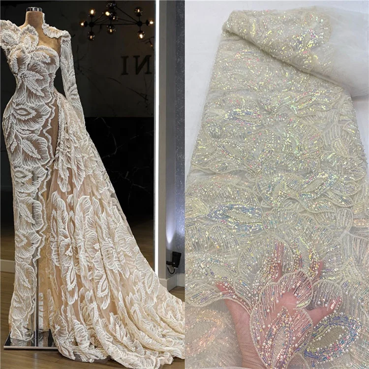 

Hot Selling Polyester White Wedding Sequins Lace Fabrics Textiles Embroidery Mesh Beads Bridal Lace Fabric