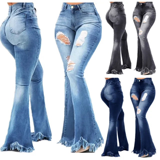 

Distressed Hole High Waist Jeans Slim Tassel Denim Trousers Ladies Flare Women Jeans