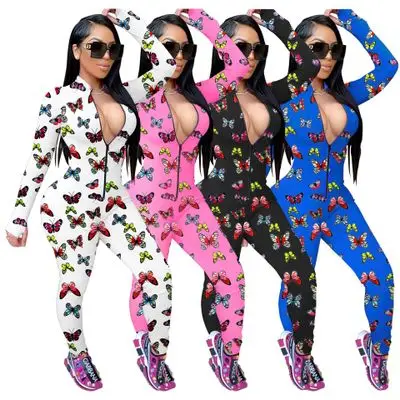 

2021 butterfly printed jumpsuit outfit long sleeve top pencil pants tracksuits for onesie womens bodycon jumpsuit