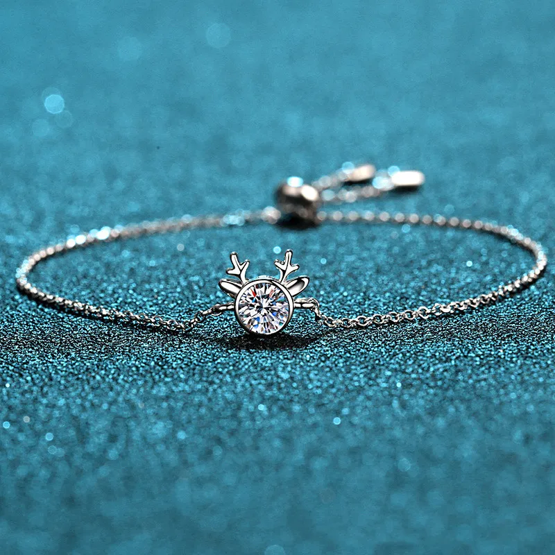 

Silver 925 Original Diamond Test Past Brilliant Cut 0.5 Carat D Color Moissanite Deer Shape Bracelet Cute Animal Gemstone Chain
