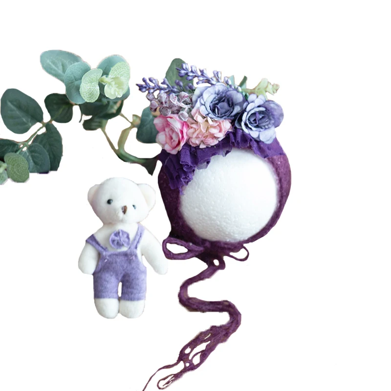 

Knitted Mohair Bonnet Stuffed Bear Toy Newborn Photography Props Angora Animal Hat Toy Set Infant Photo Shoot
