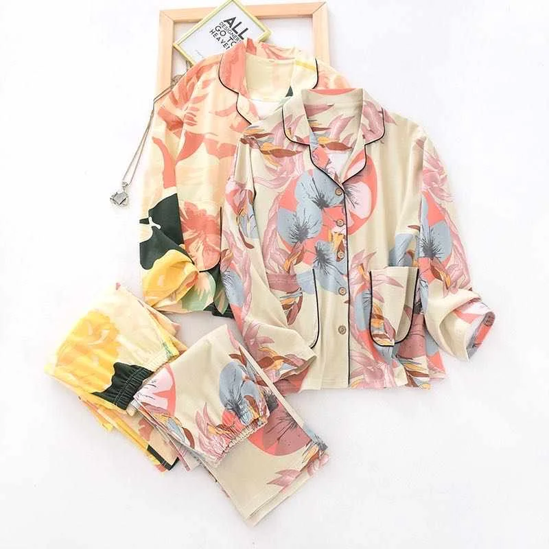 

2021 spring and autumn ladies big flower lapel cotton suit long-sleeved trousers knitted home service pajama set sleepwear women, Required