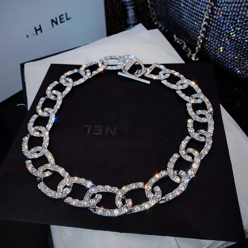 

Fashion Golden Link chain Rhinestone Choker Necklaces for Women Geometric Necklaces Statement Jewelry Party Bar Gifts, Customized color