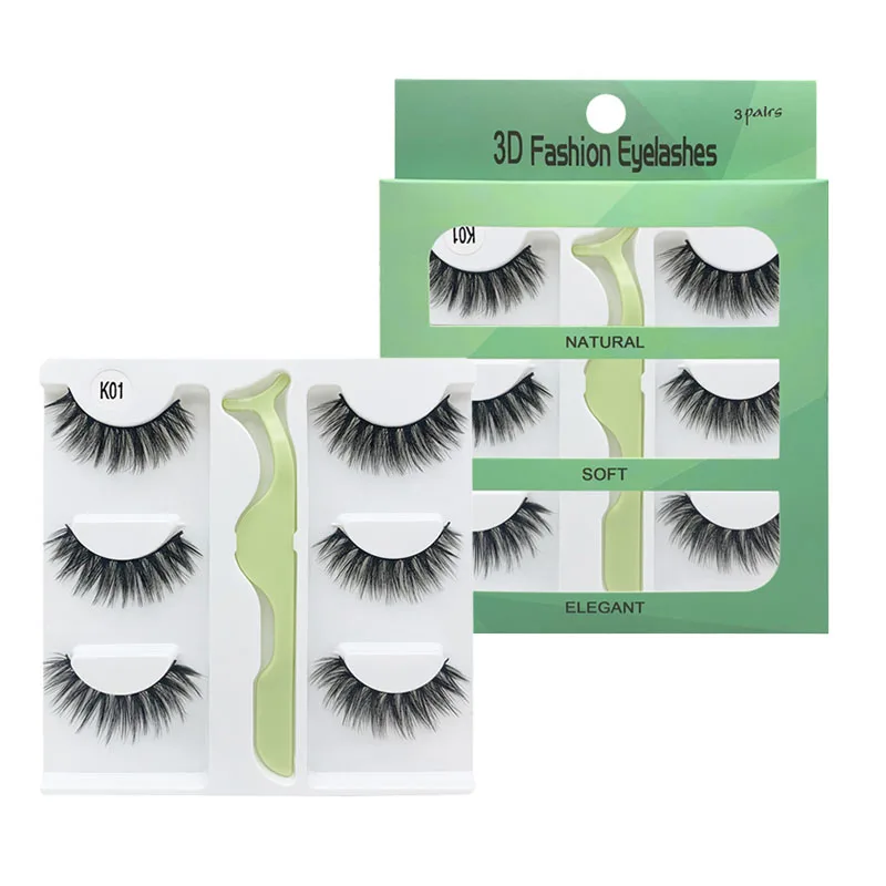 

Fashion 3d eyelash custom eyelash packaging 3 pairs natural faux mink eyelashes with tweezers