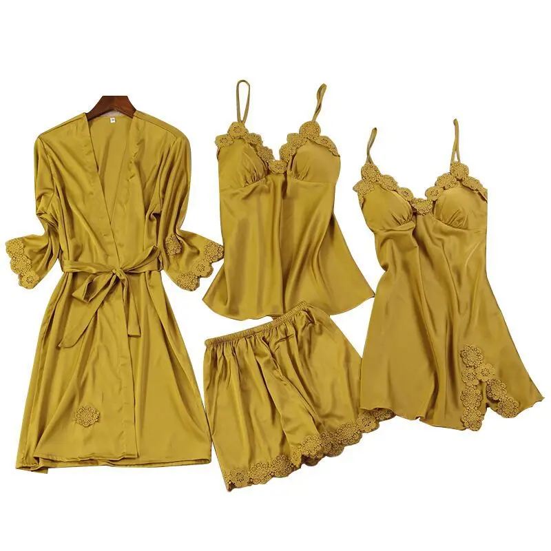 

Hot new retail products four pieces sets women summer homewear bridal robe silk bathrobe, Photo color