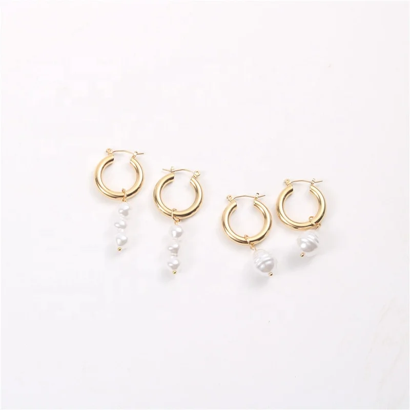 

Elegant 18K Gold Plated Jewelry Stainless Steel Drop Hoop Earrings White Baroque Pearl Earrings