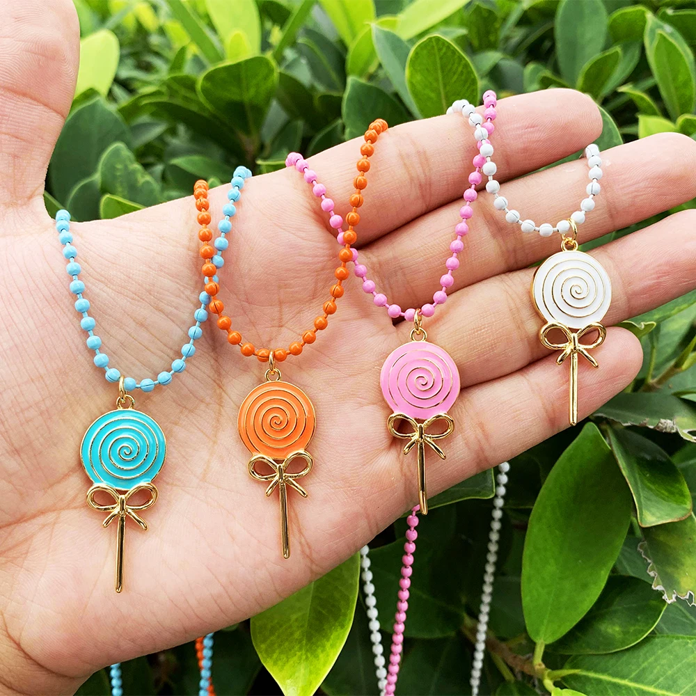 

New Arrival Lollipop Shape Brass Enamel Pendant Enamel Round Bead Chain Necklace Girl Lady Necklace Jewelry Gift