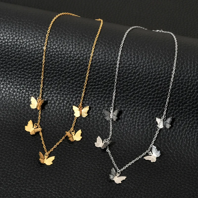 

Vintage Multilayer Pendant Butterfly Necklace Gold Silver Stainless Steel Butterflies Charm Choker Necklace for Women