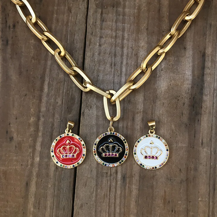 

NZ1044 New Winter Enamel CZ Micro Pave Crown Disc Pendant Matte Gold Linear Chain Necklace