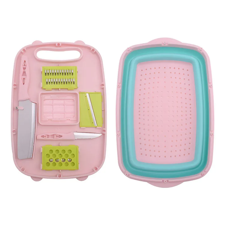 

9 in 1 Multi-function Folding Kitchen Cutting Board with Foldable Strainer Basket, Pink