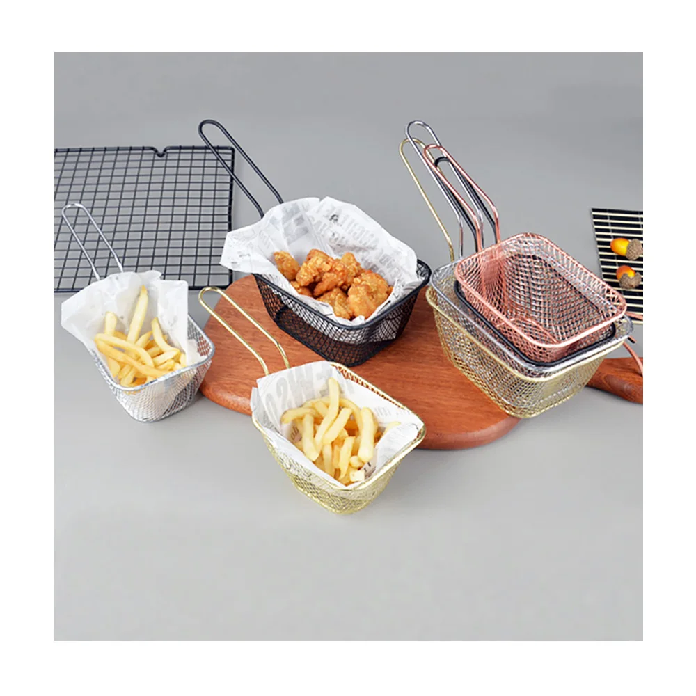 

JX-Electroplating Snack Food Frying Basket Kitchen Mini Stainless Steel Square Wire French Fries Basket Chicken Frying Basket, As picture