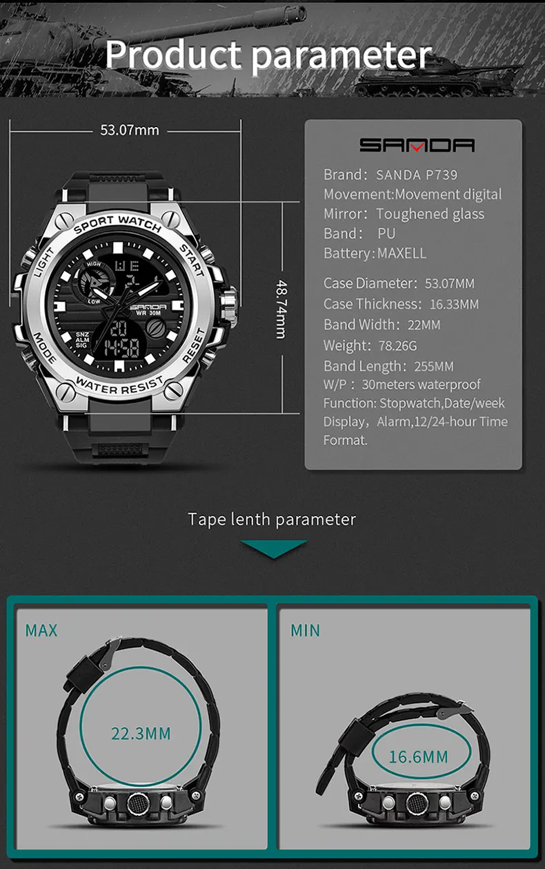 SANDA 739 Fashion sport men watches analog led digital original design rubber functional unique mens branded watches