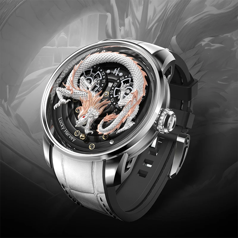 

Lucky Harvey Dragon Watch Men Luxury Unique 316L Fine Steel 43mm Dial Hollow Out Mechanical Wrist Watches