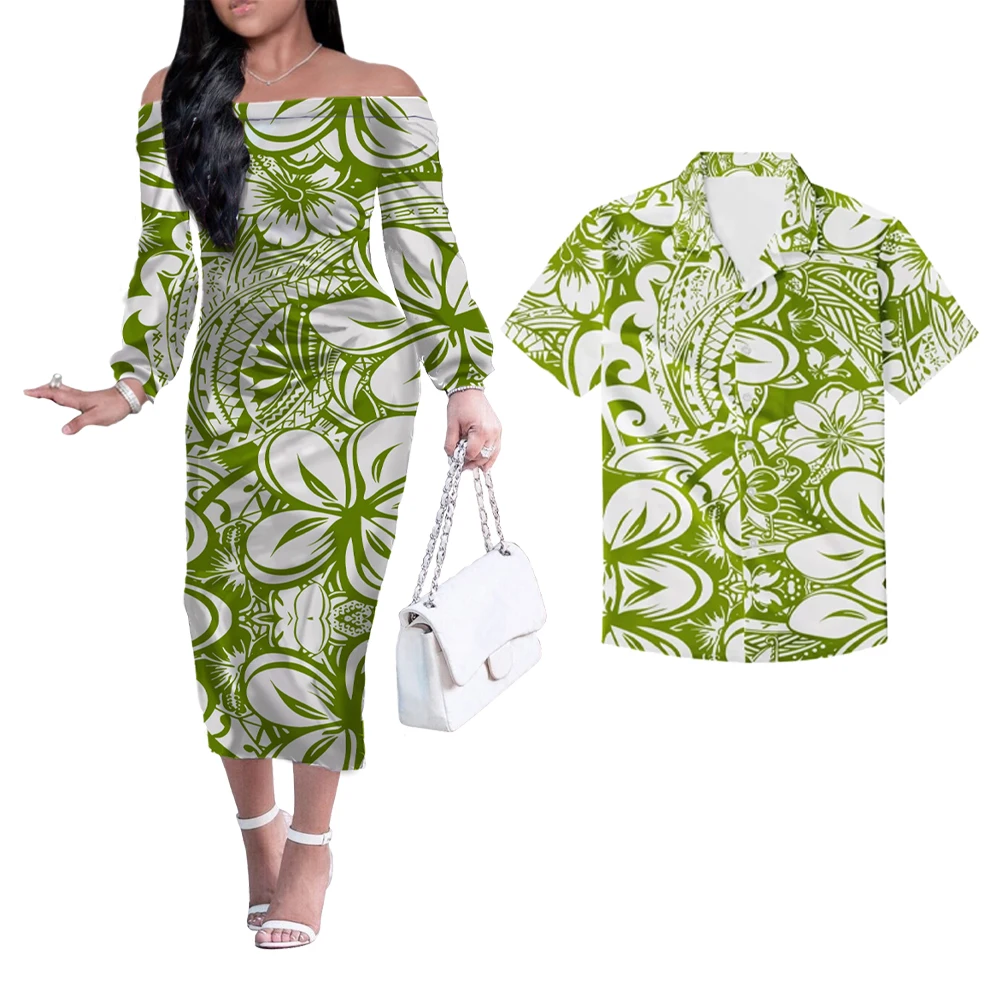 

Custom green print hibiscus Puletasi Polynesian tribal design off shoulder dresses And men's shirts stretched material Plus size, Customized color