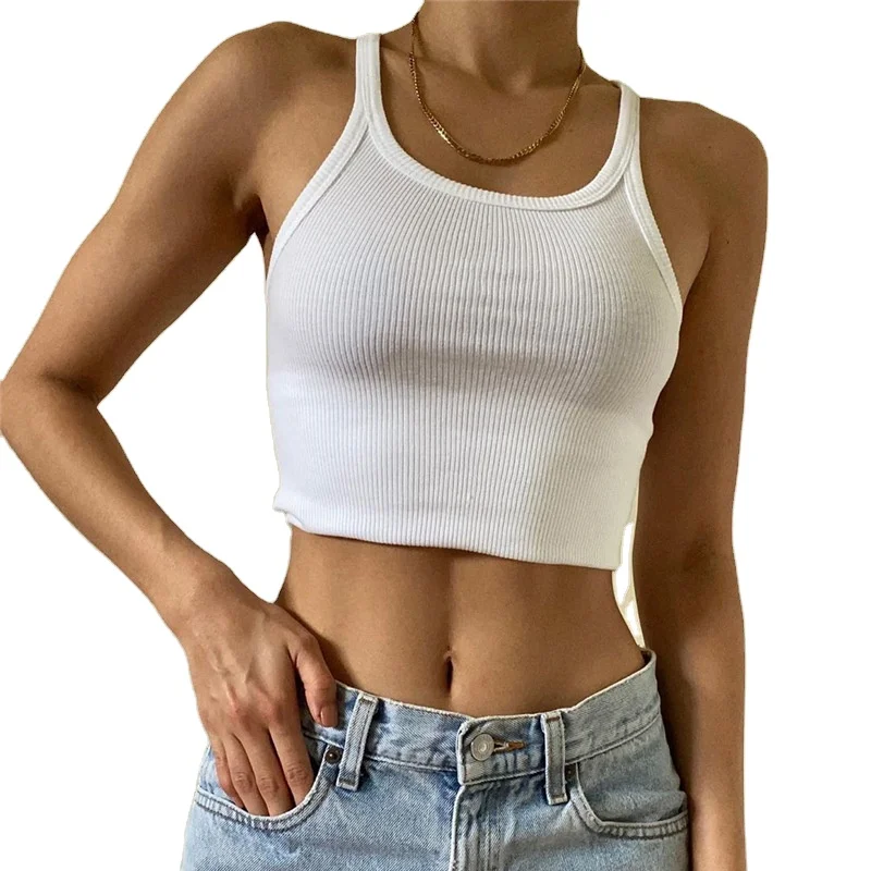 

U Neck Sexy Crop Camis Sleeveless Ribbed White Solid Women Tank Top Gym, White/customized colors