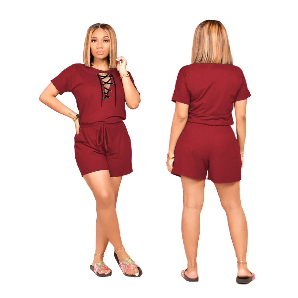 

2021 hot selling casual solid color cute strappy tshirt top with shorts woman 2 piece short set, 2 colors and also can make as your request